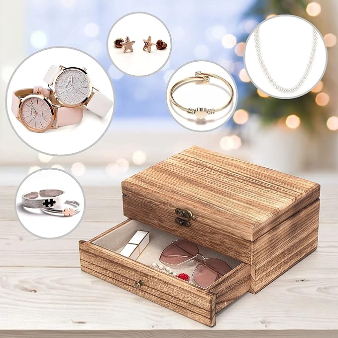 Pinzoveco Jewelry Box for Women, Rustic Wooden Jewelry Organizer Box for Storage Earrings Rings Necklace Bracelet, Farmhouse 