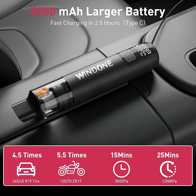 Windone Car Vacuum, 12000Pa 2-in-1 Cleaner & Tire Inflator 150PSI, 60W Brushless Motor, Cordless Handheld Vacuum & Air Pump w