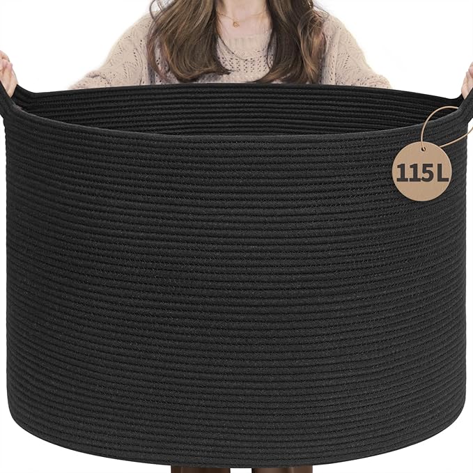 INDRESSME 115L Extra Large Black Blanket Basket, Dog Toy Bin Shoe Baskets Toy Box Organizer for Kids Decorative Laundry Baske