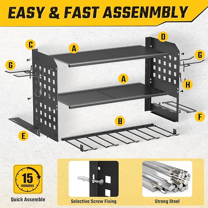 SUNALLY Power Tool Organizer, Heavy Duty Wall Mount Tool Organizer 3 Layers with 4 Drill Holders, Garage Tools Storage Rack w