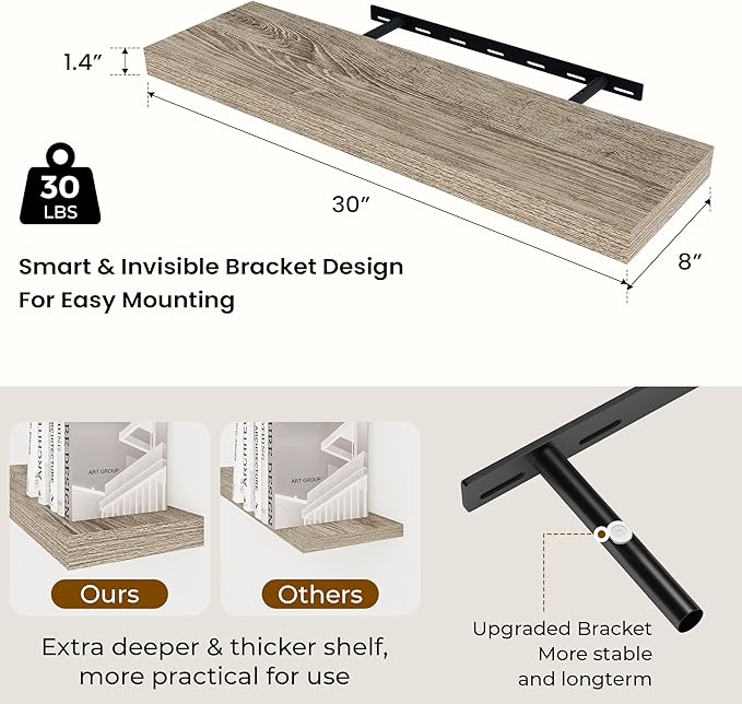 Dreamland 30 Inches Floating Shelves for Wall,8 Inch Deep Floating Shelves Set of 2, Large Display & Storage Shelf, Wall Shel