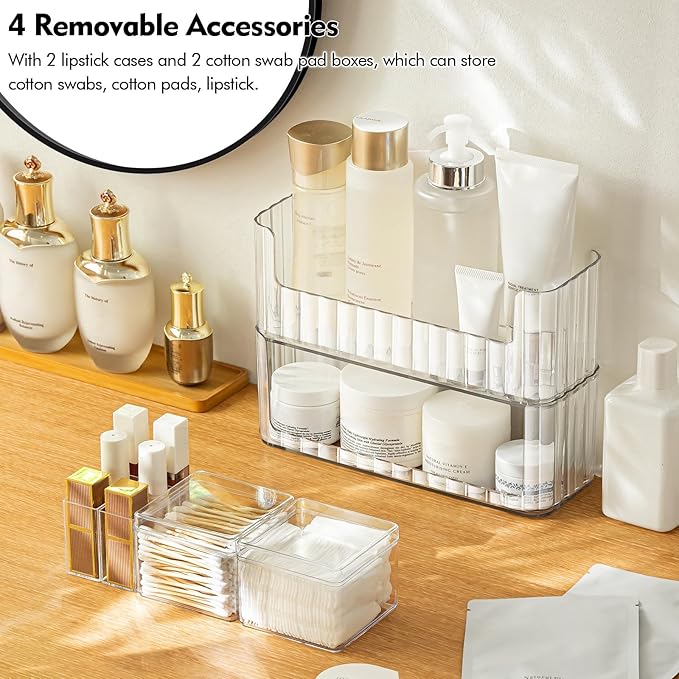 Poeland 2 Pack Stackable Makeup Organizer Tray, Transparent Cosmetic Display Case with 2 Lipstick Cases and 2 Cotton Swab Pad