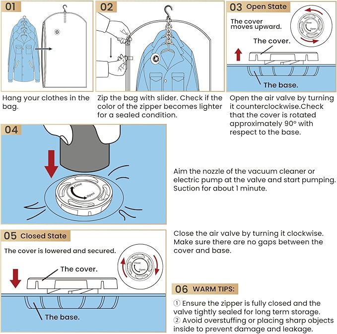 Hanging Vacuum Storage Bags, 6 Pack Large Hanging Vacuum Seal Garment Bags for Clothing, Space Saver for Clothes, Suits, Dres
