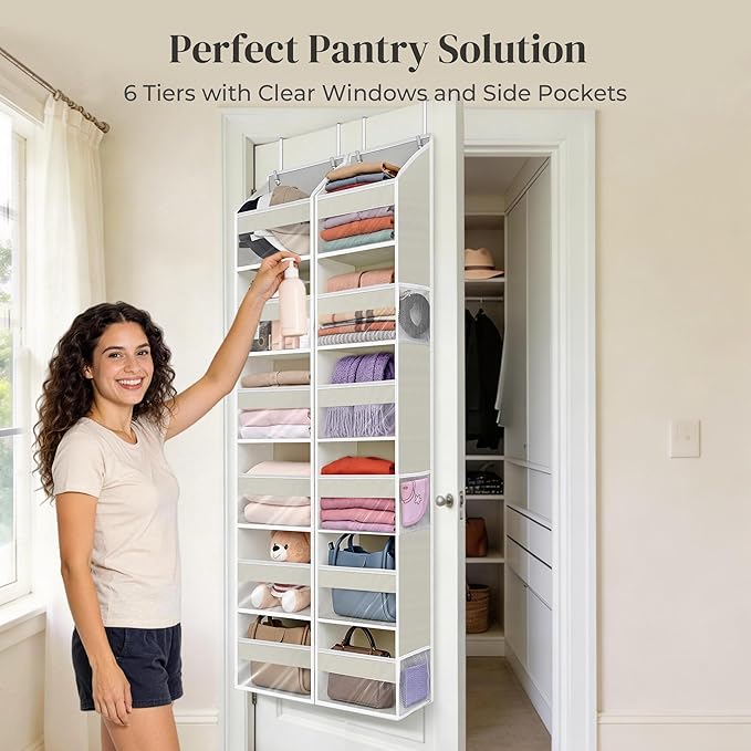 2-Pack Small 6 Tiers Over the Door Hanging Organizer, 6 Clear Pockets and 6 Mesh Pockets, 11.8” Wide for Narrow Cabinet Doors