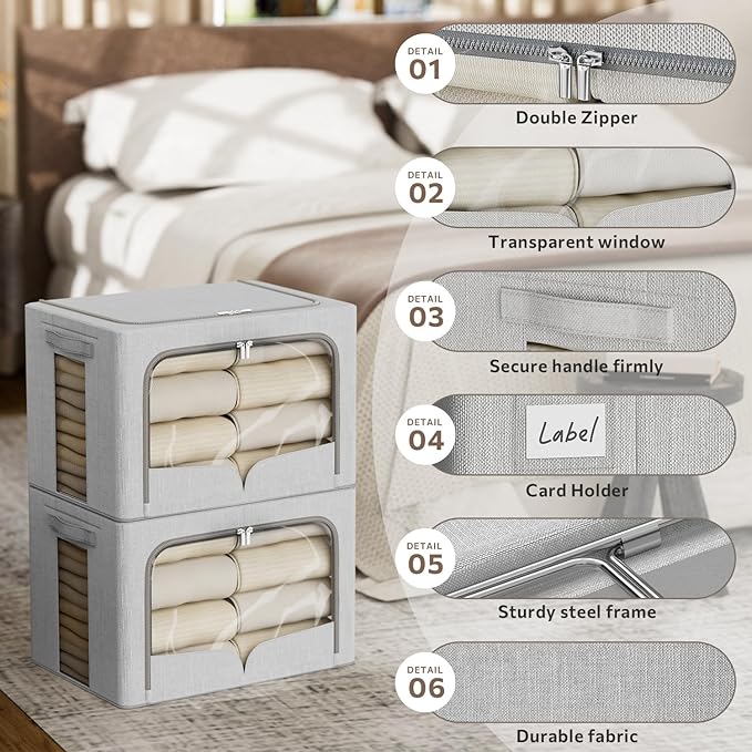 FHSQX 3 Pack Clothes Storage Bins Foldable Metal Frame Storage Box Stackable Linen Fabric Organizer Set with Carrying Handles