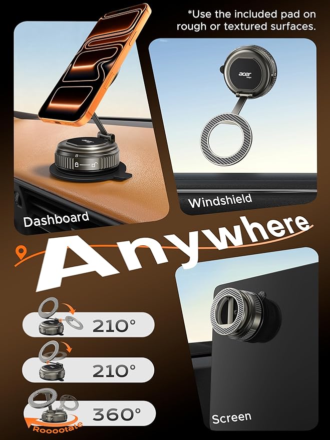Acer Gadget Car Phone Holder 2026, Magnetic Car Phone Mount for MagSafe [Strongest 108LBS Suction & 5000gf Magnetic, Carbon Fiber] 360° Cell Phone Holders for Your Car for iPhone 17 Pro Max/16/15-Grey