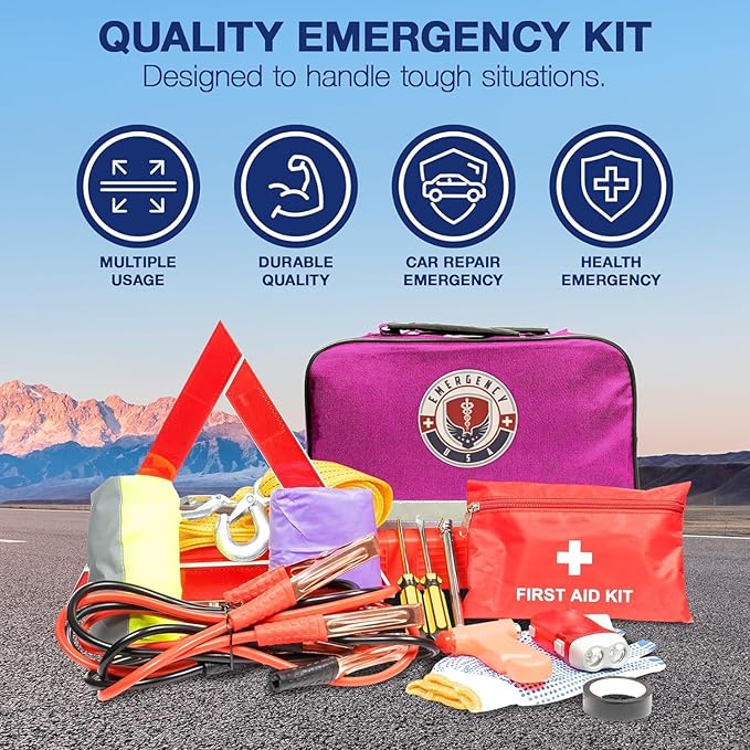 Roadside Car Emergency Kit - First Aid Set, Jumper Cables, Tow Strap, LED Flash Light, Rain Coat, Tire Pressure Gauge, Safety