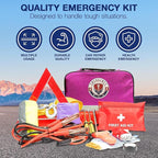 Roadside Car Emergency Kit - First Aid Set, Jumper Cables, Tow Strap, LED Flash Light, Rain Coat, Tire Pressure Gauge, Safety