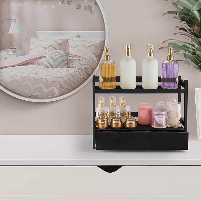 Sorbus Bamboo Bathroom Counter Organizer – 2-Tier Shelf with Hidden Drawer for Vanity, Matcha Station, Bathroom Sink Organize