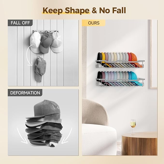 Nicetree Hat Racks for Baseball Caps Wall - Metal Hat Organizer for 48 Baseball Caps Holder, 2 Pack Hat Storage Organizer for