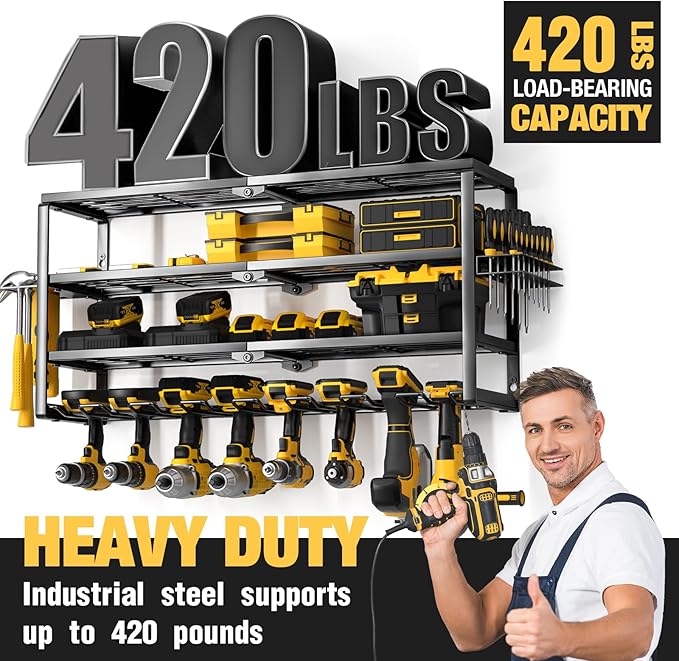 YYR 4 Layer Power Tool Organizer Wall Mount, Cordless Drill Hanger Storage Rack, Battery Tools Holder with Charging Station S