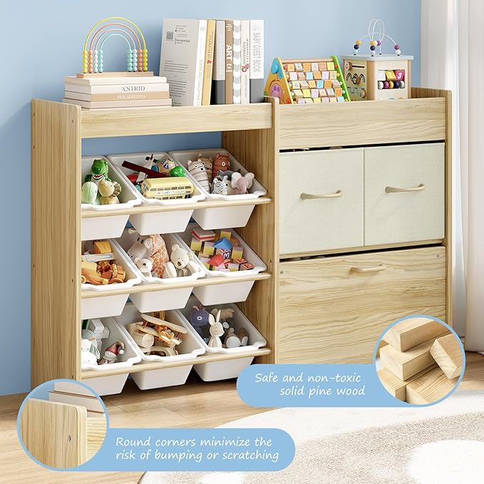 EXPERLAM Toy Storage Organizer for Kids, 9-Bin Toy Organizer with 2-Drawers, Movable Toy Chest and Top Rack, Multifunctional 
