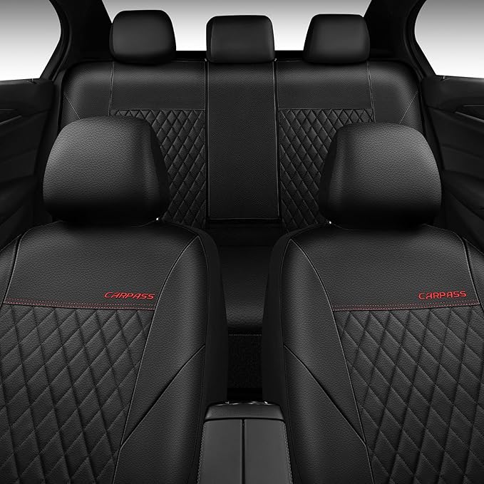 CAR PASS Quilting Faux Leather Seat Covers Full Set, Waterproof Deluxe Premium Seat Cover with 5mm Composite Sponge Inside, A