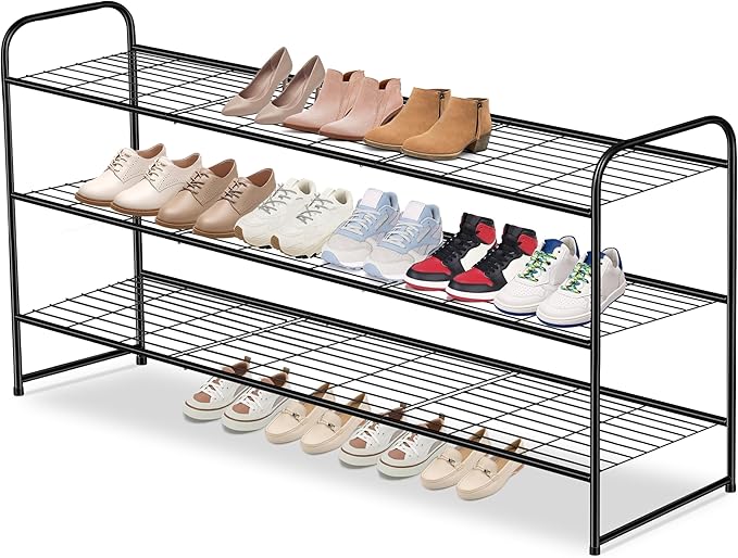 AOODA Long 3 Tier Metal Shoe Rack for Closet Wide Stackable Shoe Storage Organizer for Entryway, Bedroom, Floor, 24-Pairs Men