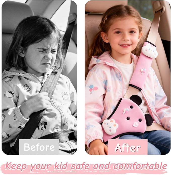 Seat Belt Cover Pad for Kids, Cute Animal Child Seatbelt Covers for Girls and Boys (Bunny(Pink))