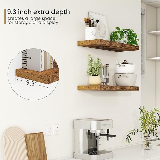 Fun Memories Floating Shelves - 2 Pack 9.3 Inch Deep Rustic Wooden Wall Shelves - Wall Mounted Storage Shelf with Invisible B