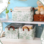 Boao 3 Pcs Sage Green Floral Storage Bin Collapsible Large Storage Baskets for Gifts Canvas Laundry Basket Foldable Box with 