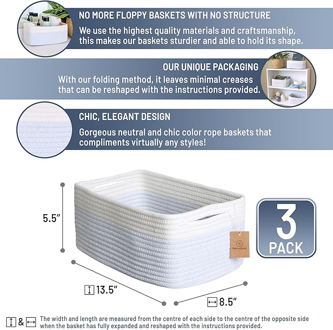 NaturalCozy 13.5”x8.5”x5.5” Rectangle Storage Baskets for Shelves 3 Pack | Cotton Rope Woven Small Baskets for Organizing | S