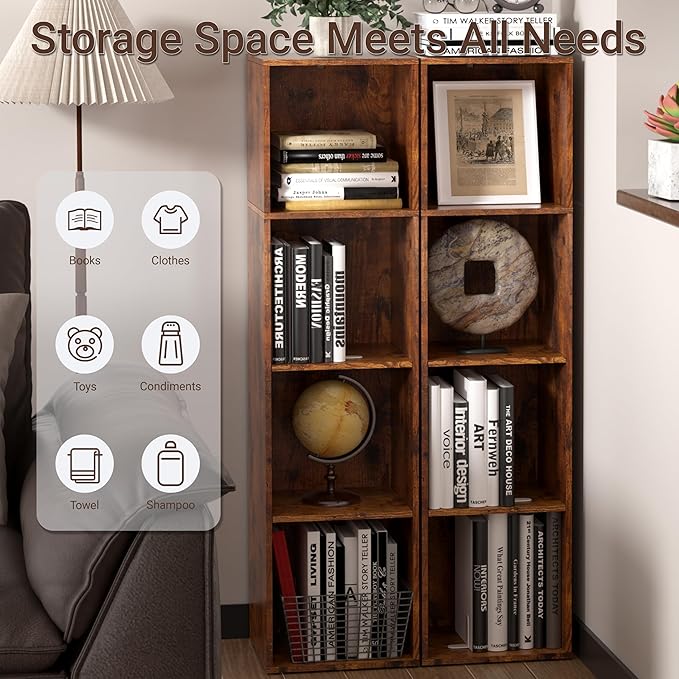 Cube Storage Organizer, 4 Cube Retro Bookshelf, Freestanding 4 Tier Open Shelf, Rustic Brown Retro Shelves for Home Office, B
