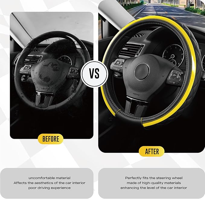 Road Comforts Leather Steering Wheel Cover – Black & Yellow, Universal Fit 14.5-15 Inch, Microfiber Leather, Anti-Slip & Brea