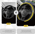 Road Comforts Leather Steering Wheel Cover – Black & Yellow, Universal Fit 14.5-15 Inch, Microfiber Leather, Anti-Slip & Brea