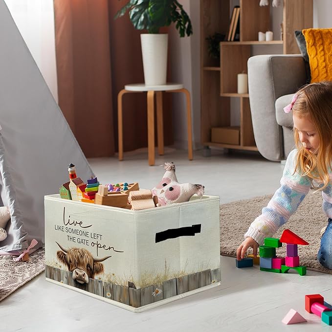 Highland Cow Storage Bins & Boxes with Handles, Western Highland Cow Foldable Basket for Organizing, Farmhouse Rustic Collaps