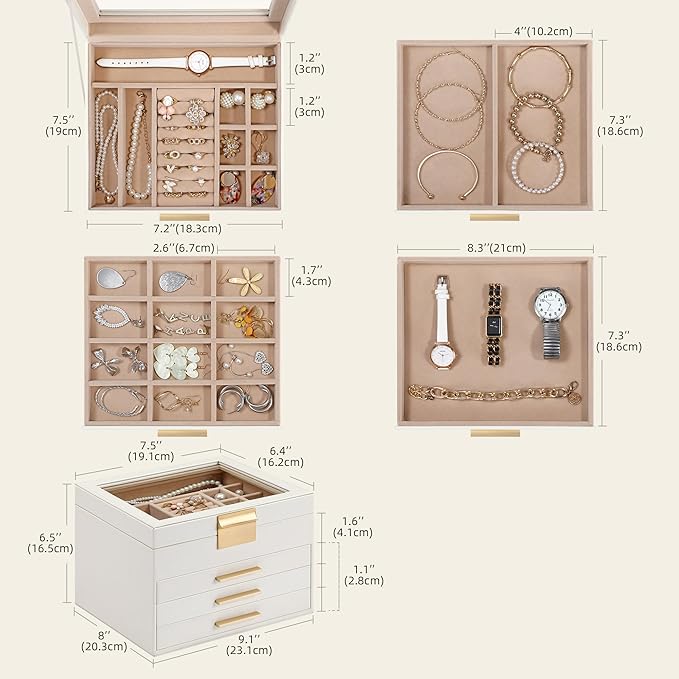 Somduy Jewelry Box Organizer for Women,4 Layers Jewelry Storage Display Box with Glass Lid,Gift for Christmas,3 Drawers,Large