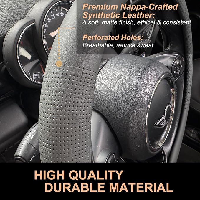 PINCTROT Large Size Nappa Leather Steering Wheel Cover, Slim Fit No Bulk Design, One Piece Leather with Breathable Perforatio
