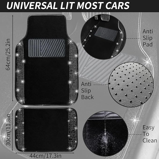 NBTEPEM Bling Car Floor Mats Full Set and Steering Wheel Cover, Universal Fit Most Cars, 4 pcs Sparkle Glitter Diamond Carpet, 5 pcs Bling Car Accessories Set for Women (Black Diamond)