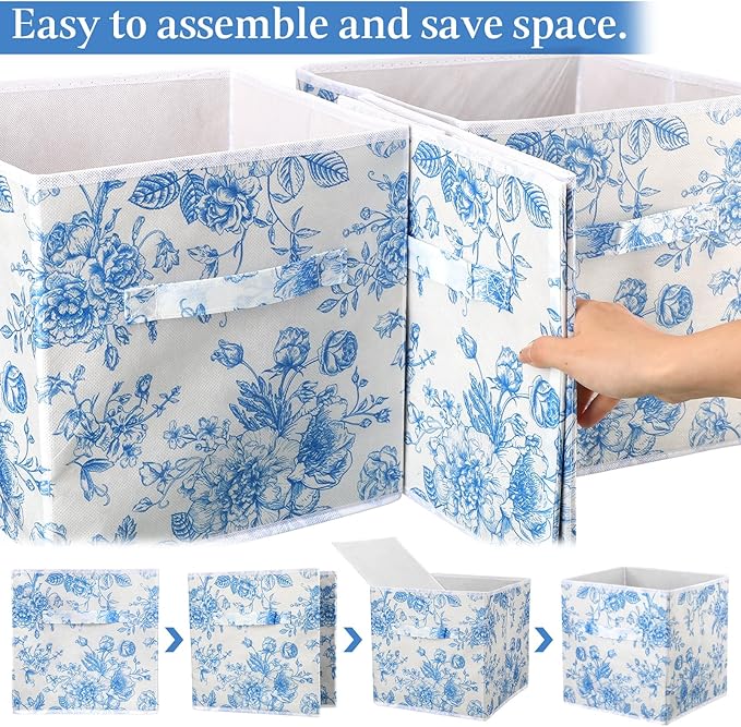 Geelin 6 Pcs Blue Floral Cube Storage Bins 11 Inch Blue Flower Storage Basket with Handle, Preppy Girls Organizer Basket, Col