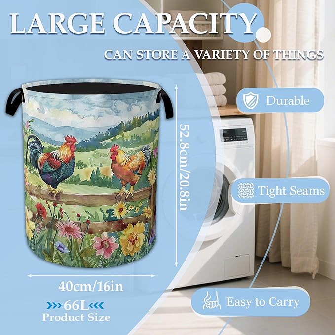 Rooster Laundry Hamper Farm Floral Laundry Basket Collapsible Portable Clothes Toy Storage Bin for Bathroom Bedroom Room Deco