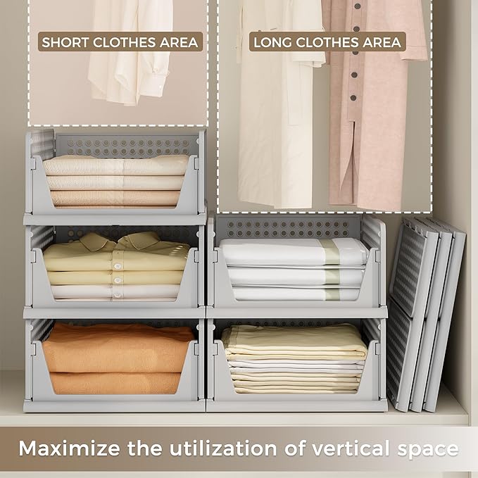 Pinkpum 8 Pack Closet Organizers and Storage Plastic Stackable Storage Bins, Foldable Drawer Shelf Storage Container for Ward