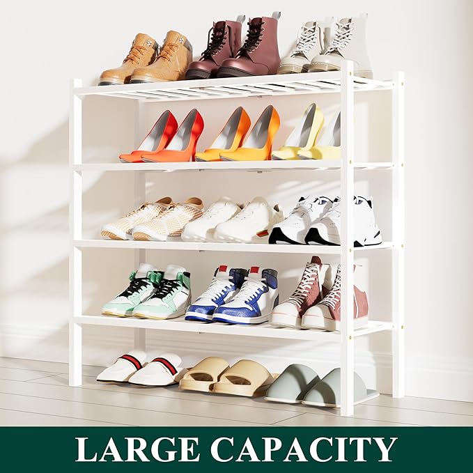 Smiry Shoe Rack, 4 Tier Bamboo Shoe Organizer, Stackable Free Standing Wooden Shoe Storage Shelf for Closet, Entryway, Front 