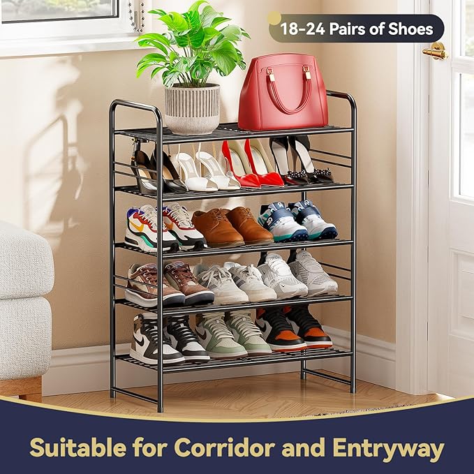 5 Tier Shoe Rack Closet Metal Heavy Duty, Stackable, Black