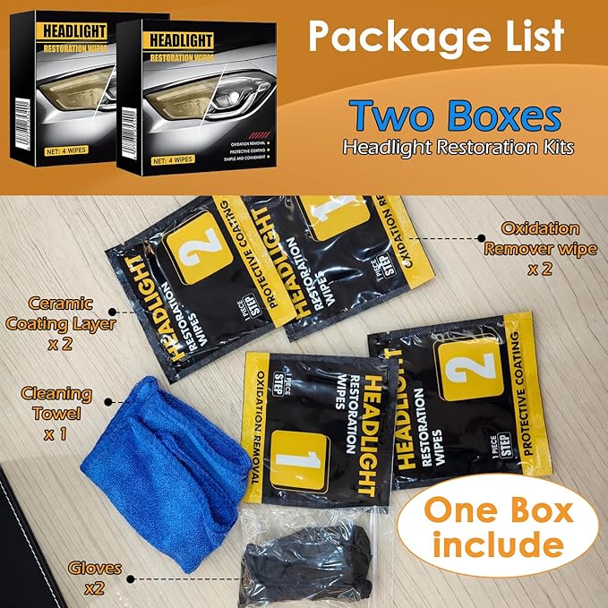 Car Headlight Restoration Kit, 2-Step Headlight Cleaner with Oxidation Removal & Ceramic Coating Wipes, Removes Oxide & Yellowing Restore Clarity, Headlight Polish Restorer Kit (2 Set)