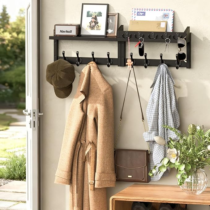 35'' Black Coat Rack Wall Mount with Shelf, Solid Wood Coat and Key Hanger with 13 Metal Hooks, Farmhouse Wall Organizer for 