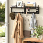 35'' Black Coat Rack Wall Mount with Shelf, Solid Wood Coat and Key Hanger with 13 Metal Hooks, Farmhouse Wall Organizer for 