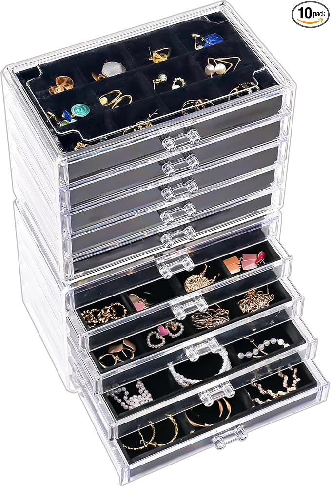 ProCase Earring Holder Organizer Jewelry Box with 10 Drawers, Acrylic Clear Earring Case with Adjustable Velvet Trays for Wom