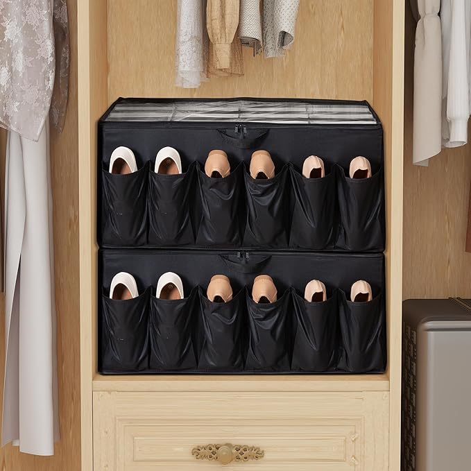 Shoe Organizer for Closet, Shoe Storage Solution with Clear Cover & Adjustable Dividers, Fabric Shoe Box Fits 16 +12 Pairs Sh