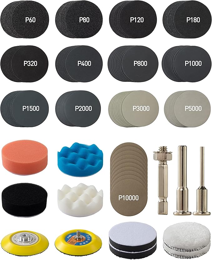 143 PCS Drill Polishing Kit, 3 Inch Sanding Disc Headlight Restoration Kit 60 to 10000 Grit Buffing Pads for Car Sanding, Wax