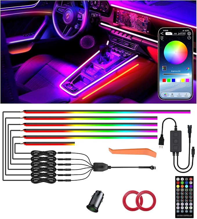 KENANEK 175inch Acrylic LED Lights for Car Kit – 6 Dreamcolor Interior Car LED Strip Lights, APP/Remote/Control Box, Music Sync, Dual USB Cigarette Lighter, Universal Fit for Car/SUV/Truck