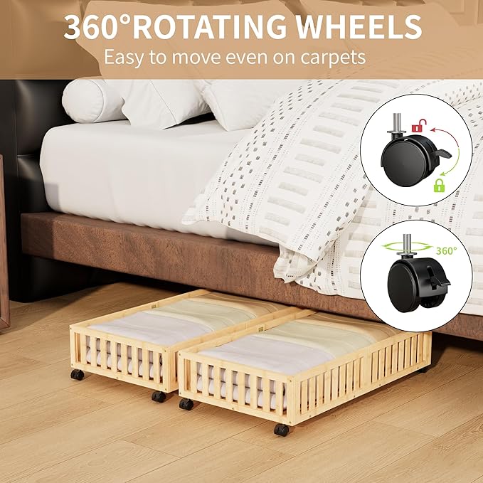 Bamboo Under Bed Storage with Wheels,Rolling Underbed Shoe Organizer Box for Shoes,Blankets,Toys,Clothes Container Space-Savi
