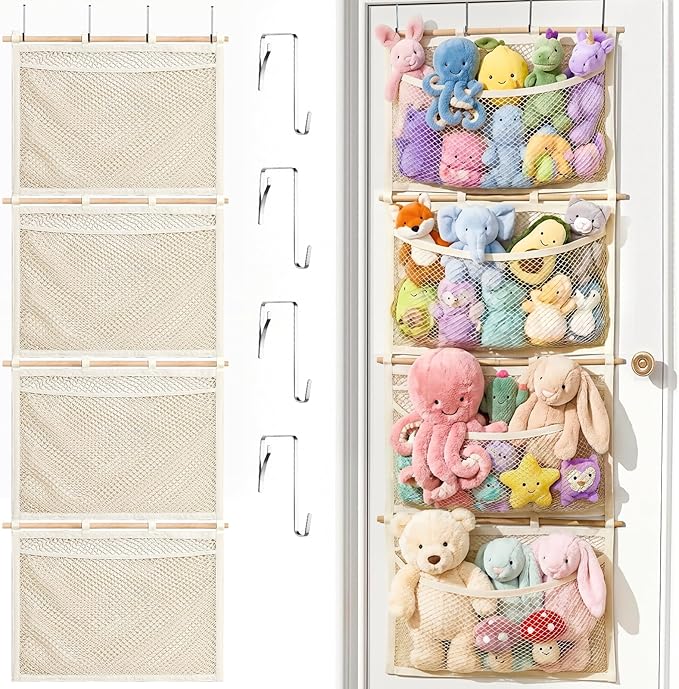 Over Door Large-Capacity Stuffed Animal Storage with Metal Hook & Wooden Stick, Hanging Plush Animal Bear Doll Toy Organizer 