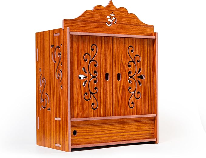 Wooden Wall Mounted Hanging Table top Temple Pooja Mandir God Stand Shelf for Storage and Idols Decoration for Home Office an