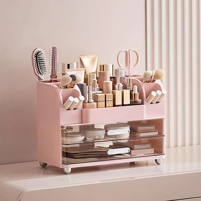 HBlife Makeup Organizer for Vanity with Brush Holder, Large Bathroom Countertop Cosmetic Organizer Skin Care Storage, Easy to