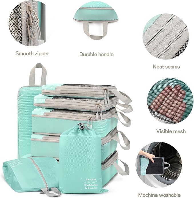 Compression Packing Cubes 8 Set, Dual Zipper Compression Packing Cubes for Travel, See-Through Mesh Packing Bags for Suitcase
