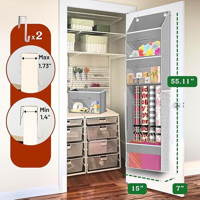 Light Grey Over Door Wrapping Paper Organizer Storage with 3 Removable Drawers & Side Pockets –Dual Use Design with Elastic S