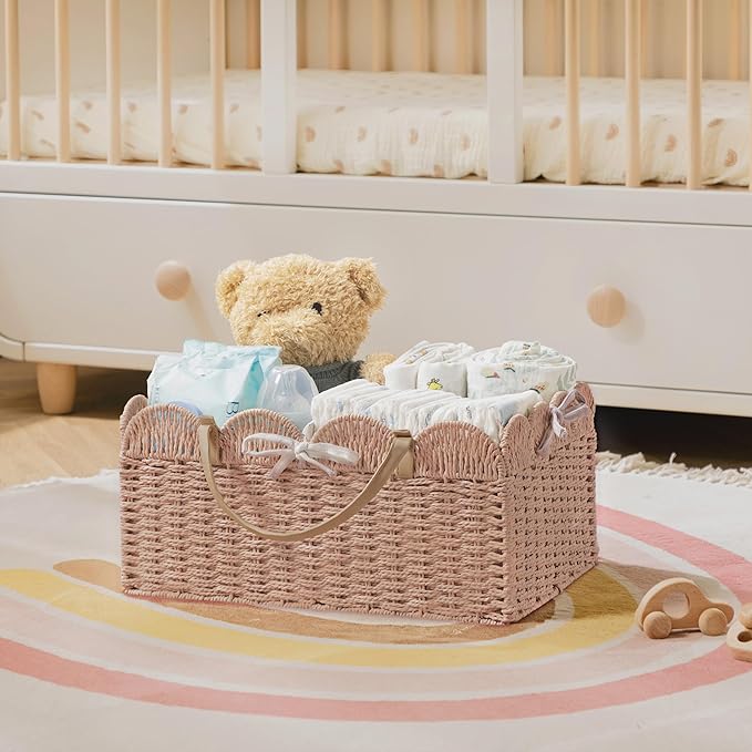 HBlife Baby Diaper Caddy, Paper Rope Storage Baskets Nursery Bin with Removable Divider, Portable Car Organizer for Diapers, 