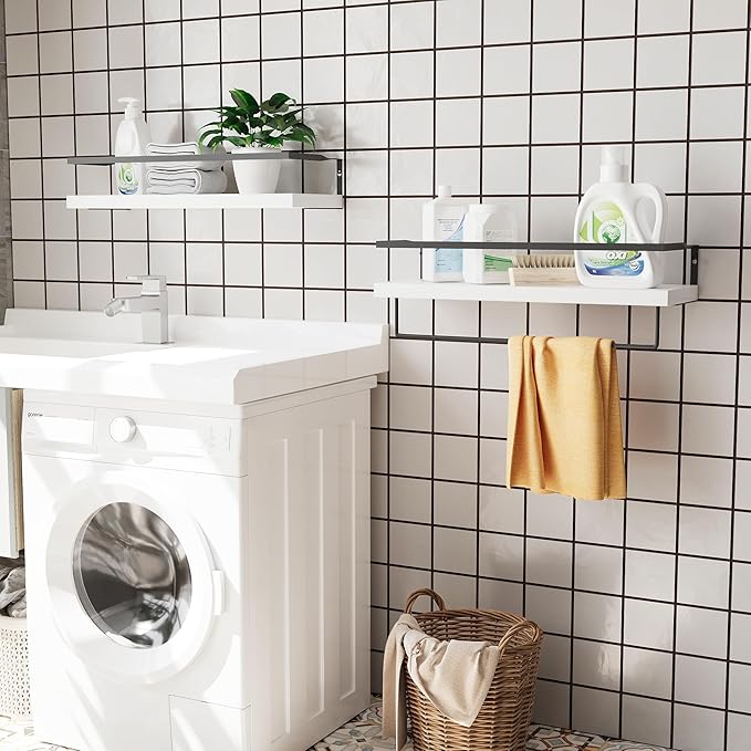 White Wood Floating Shelves Wall Mounted - 2+1 Tier Rustic Bathroom Wall Shelves Over Toilet with Towel Bar, Natural Wood Set