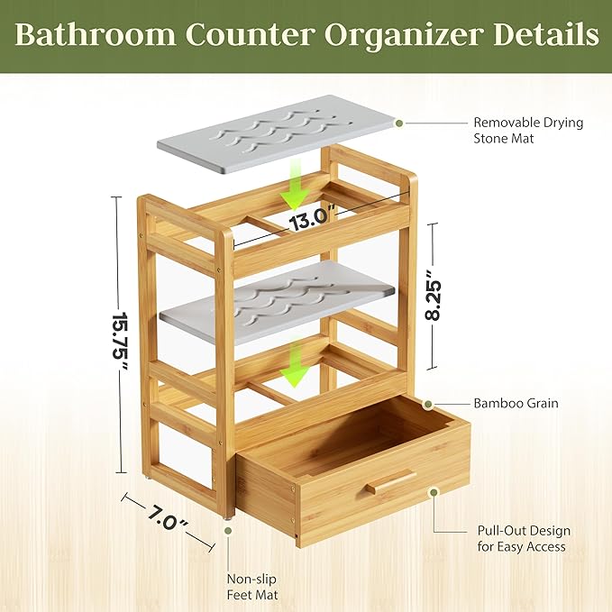 Bamboo Bathroom Countertop Organizer, 2 Tier Vanity Organizer with Drawer for Skincare & Makeup, Countertop Storage with Ston